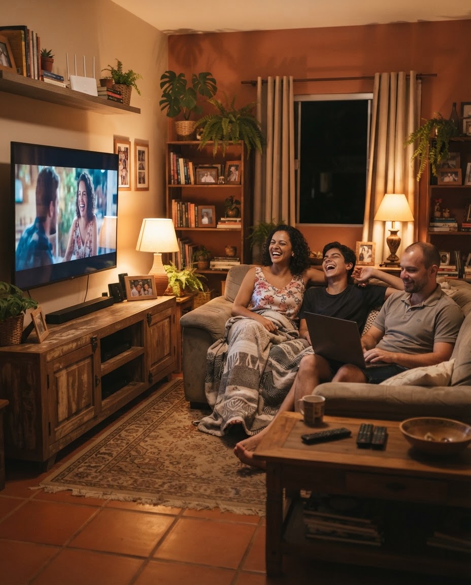 Família usando a internet fibra da Golink